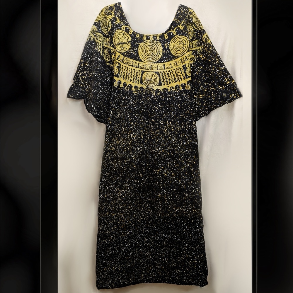 VTG Handmade Cotton Black Speckle Geometric Ankara Adire Bubu Caftan Plus 1 x-3x